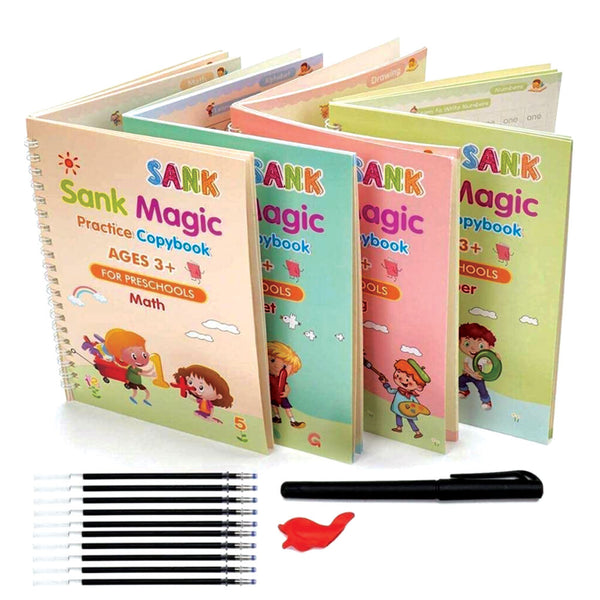 Magic Practice Copybook Set (4 Books + 10 Refills + 1 Pen) – Reusable Handwriting & Drawing Learning Kit for Kids