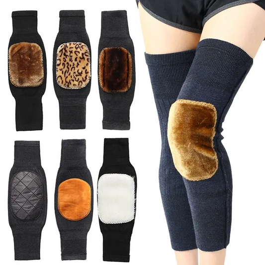 Knee pads with various designs and a person wearing one on a white background