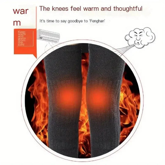 Knee warmers with glowing red centers, surrounded by flames and text about warmth and comfort.