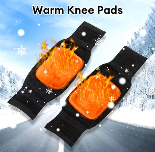 Warm knee pads with fiery design against a snowy background