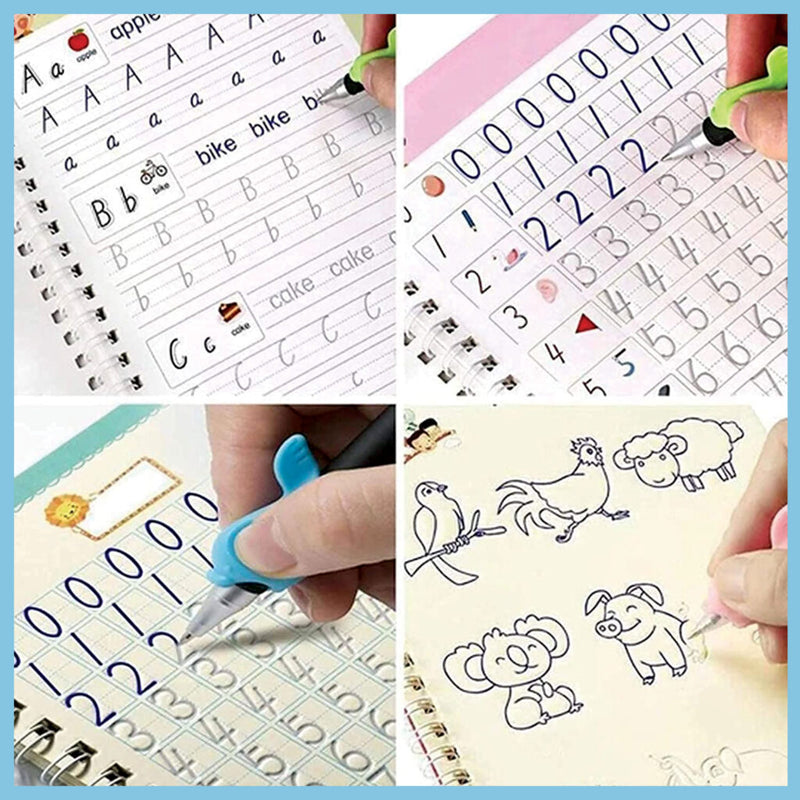 Magic Practice Copybook Set (4 Books + 10 Refills + 1 Pen) – Reusable Handwriting & Drawing Learning Kit for Kids