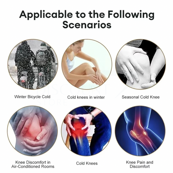Illustrations of scenarios where knee discomfort or cold sensations can occur, with text labels below each illustration.
